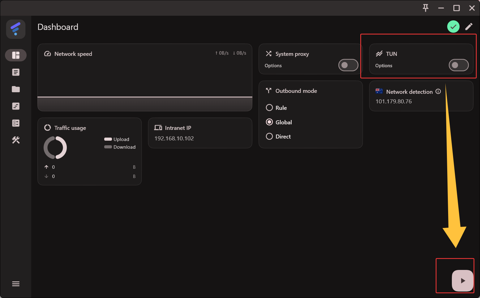 Dashboard 页面 TUN 和开始按钮位置