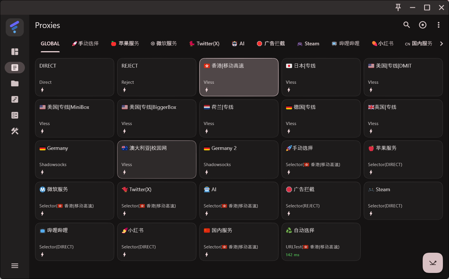 Proxies 页面显示节点列表